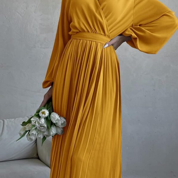 Women's Spring Midi Dress Long Puff Sleeve Wrap V Neck Flowy Ruffle Pleated Casual Fall Dresses